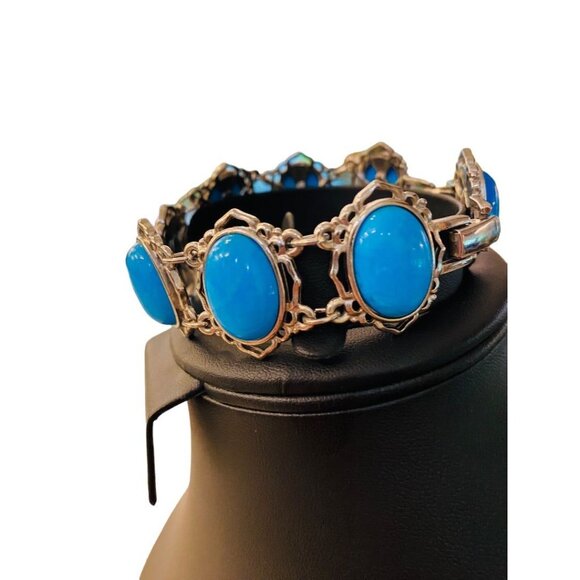 JBK Signed Faux Turquoise Link Bracelet Jacqueline Kennedy 1980s 7-8.2" Adjustab - Picture 3 of 16